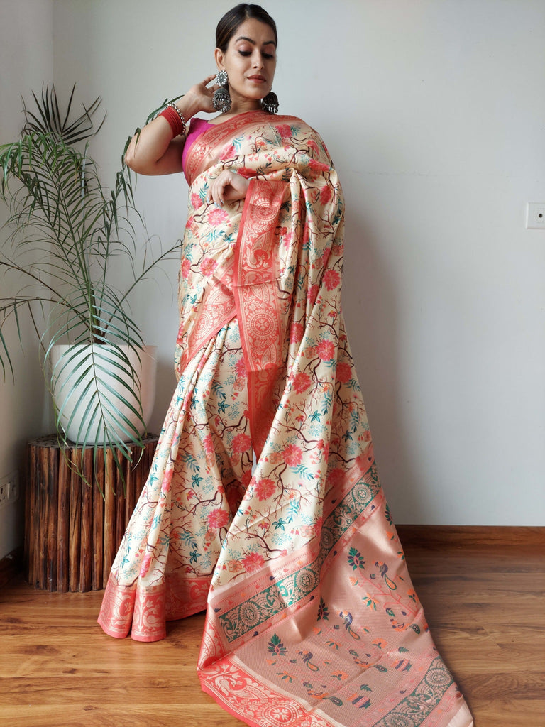 Gala Floral Printed Paithani Woven Saree Pale Clothsvilla