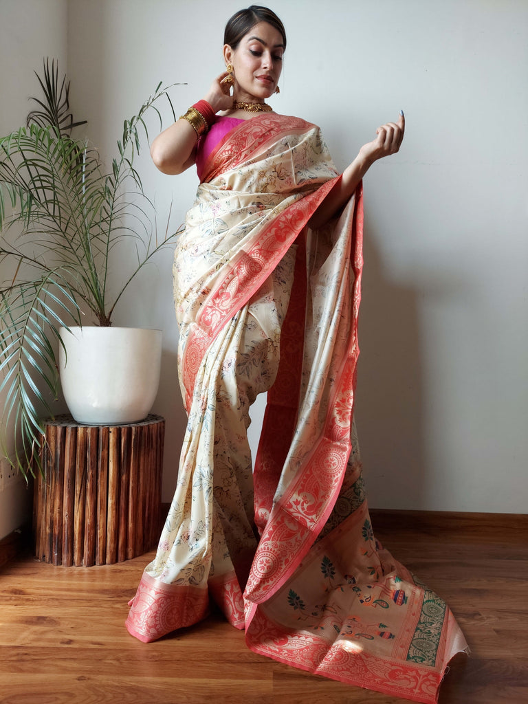 Gala Floral Printed Paithani Woven Saree Seashell Clothsvilla