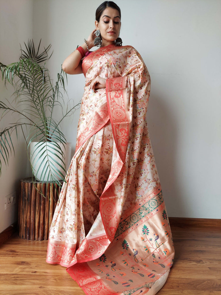 Gala Floral Printed Paithani Woven Saree Soft Peach Clothsvilla