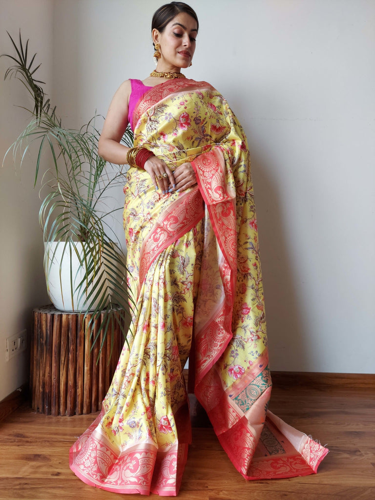 Gala Floral Printed Paithani Woven Saree Yellow Clothsvilla