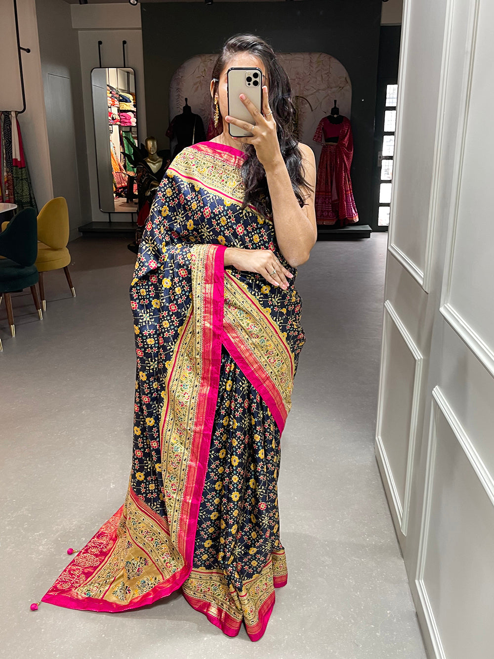 Blue Color Foil Printed And Stone Work Dola Silk Saree Clothsvilla