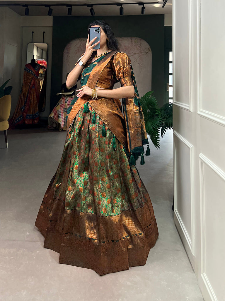 Green Color Zari Weaving Work Weaving Silk(Jacquard) Lehenga Choli Clothsvilla