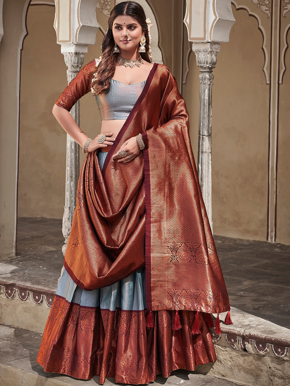 Sky Blue Color Zari Weaving Work Jacquard Silk Pattu Lehenga Choli ClothsVilla.com
