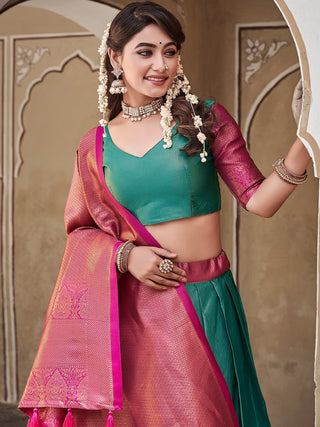 Teal Color Zari Weaving Work Jacquard Silk hyderabadi Lehenga Choli ClothsVilla.com