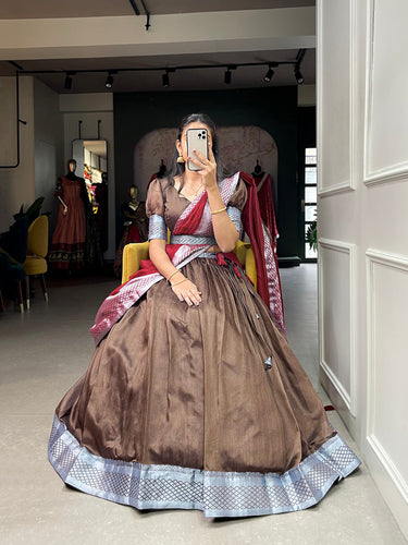 Brown Color Plain And Silver Viscose Chanderi Dupion Silk Semi Stich Half Saree Lehenga Choli ClothsVilla.com