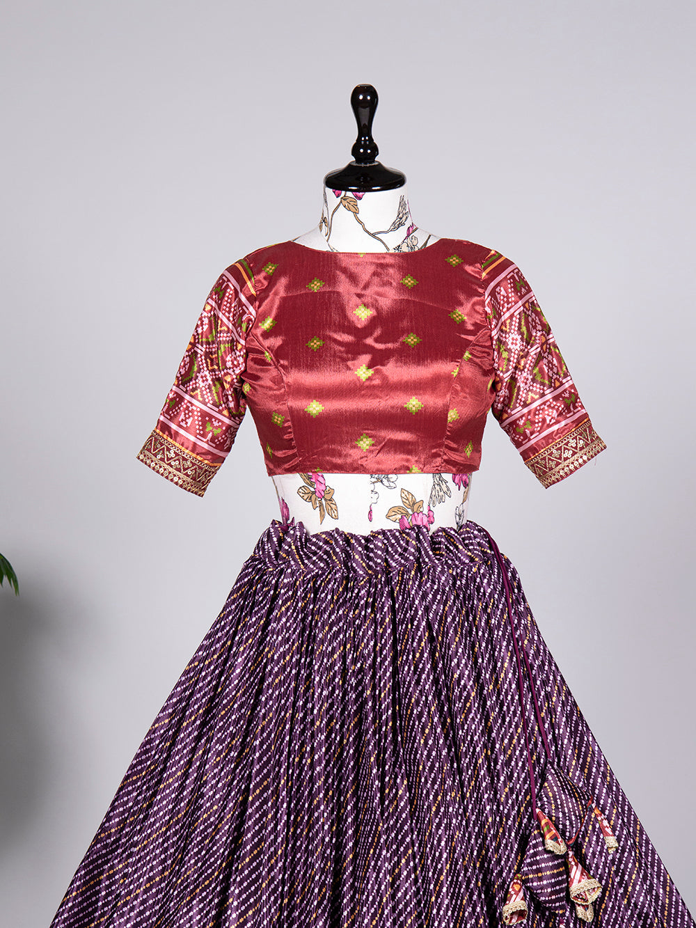 Wine Color Haydrabadi Patola Print and Sequins Embroidery Chinon Lehenga Choli ClothsVilla.com