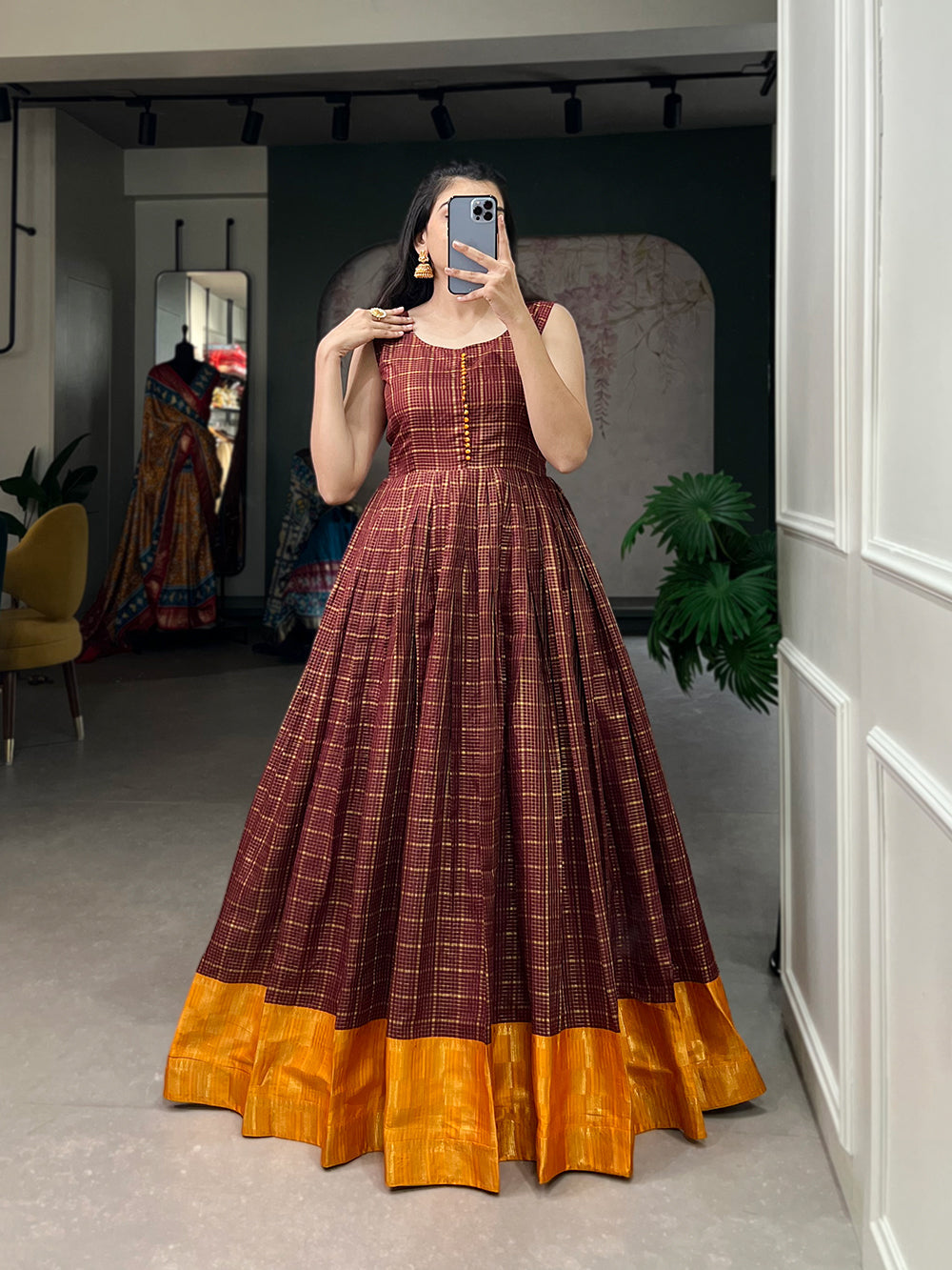Brown Color Zari Weaving Work Zari Chex South Dress Clothsvilla