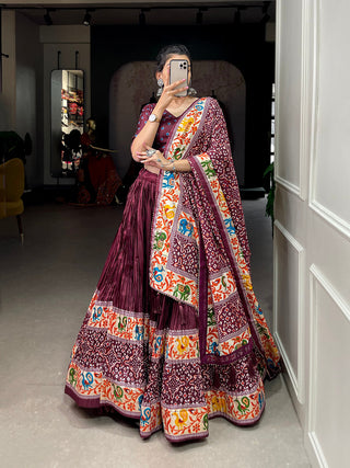 Maroon Color Bandhej Print With Patola Print Crushed Dola Silk Lehenga Choli ClothsVilla.com