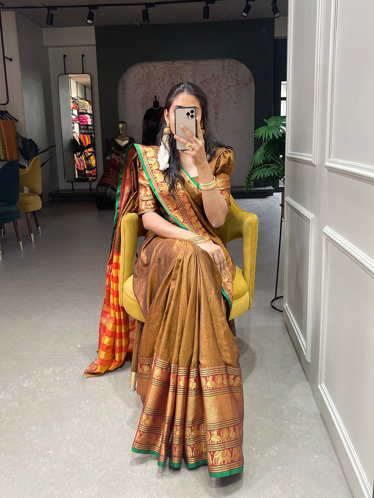 Mustard Color Zari Weaving Work Narayan Pet Saree Clothsvilla