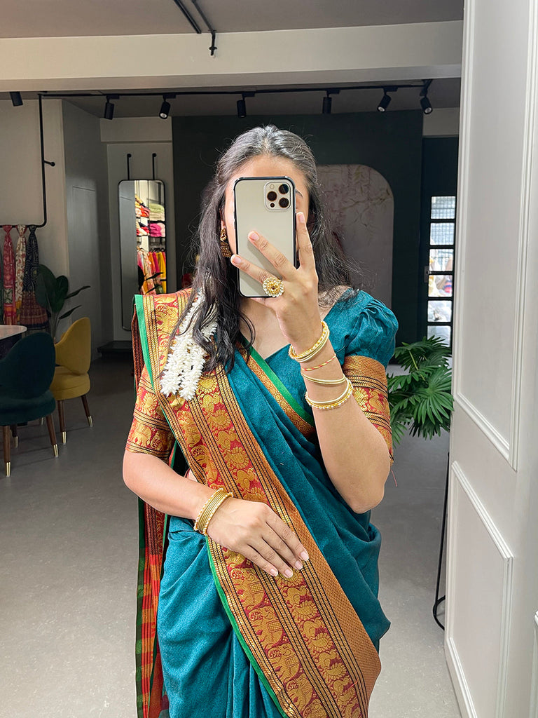 Firozi Color Zari Weaving Work Narayan Pet Saree Clothsvilla