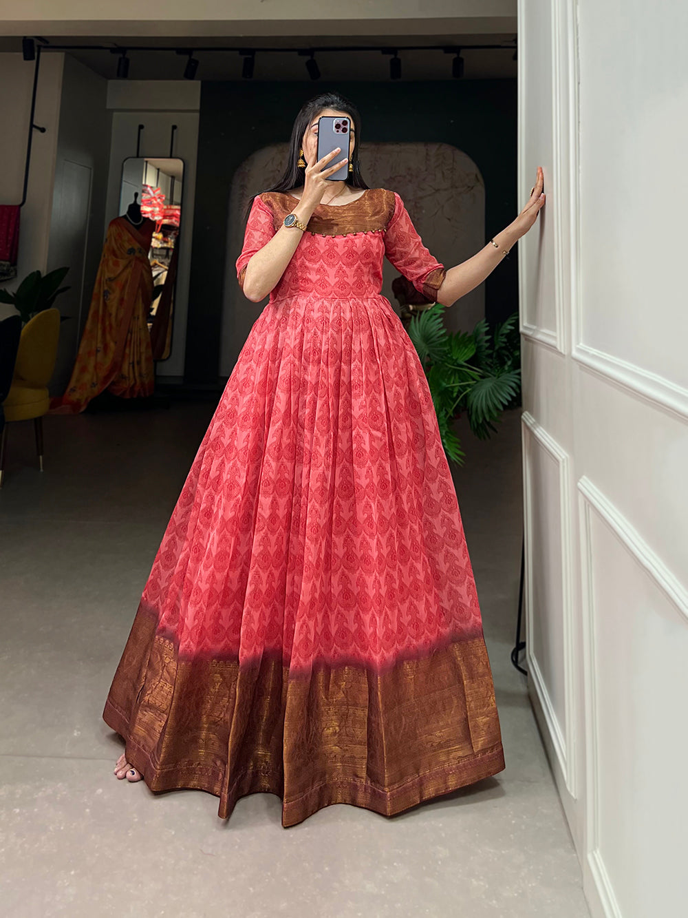 Salmon Color Print With Zari Patta  Soft Cotton Dress Clothsvilla