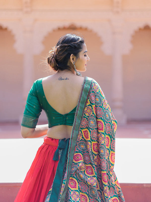 Red Color Printed With Foil Work Dola Silk Lehenga Choli Clothsvilla