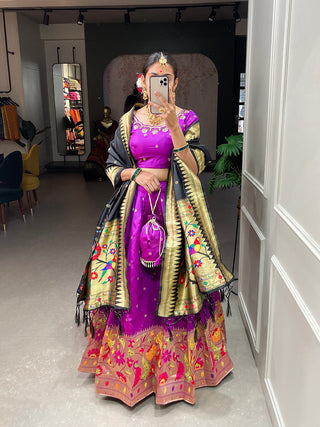Purple Color Weaving Zari Work jacquard Paithani Silk Lehenga Choli ClothsVilla.com