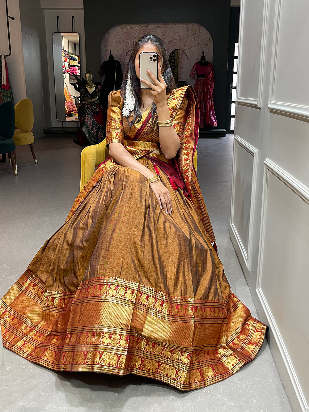 Mustard Color Zari Weaving Work Narayan Pet Cotton Haydrabadi Lehenga Choli Clothsvilla