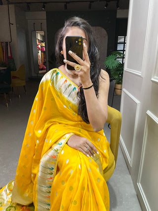 Yellow Color Zari Weaving Work Pure Viscose Saree Clothsvilla