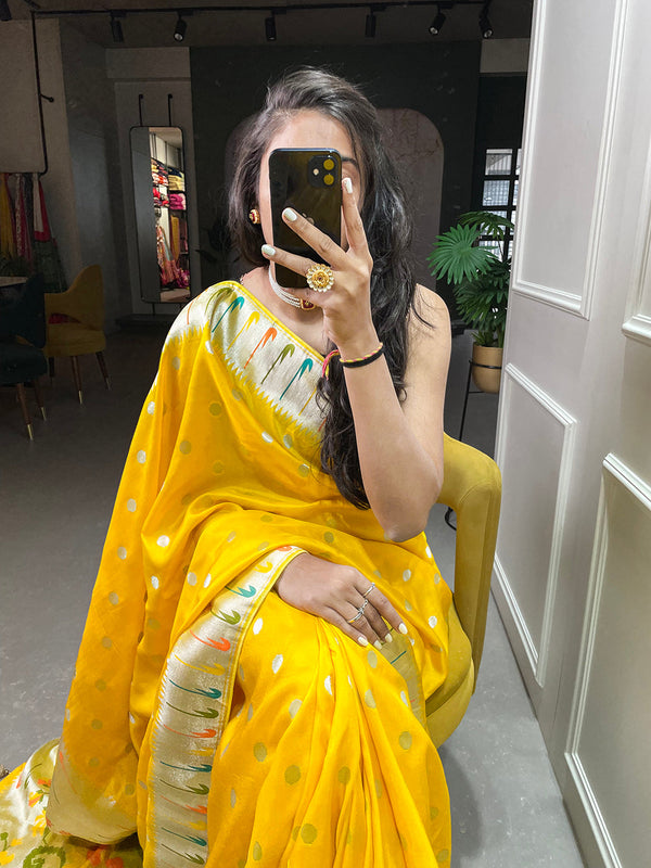 Yellow Color Zari Weaving Work Pure Viscose Saree Clothsvilla
