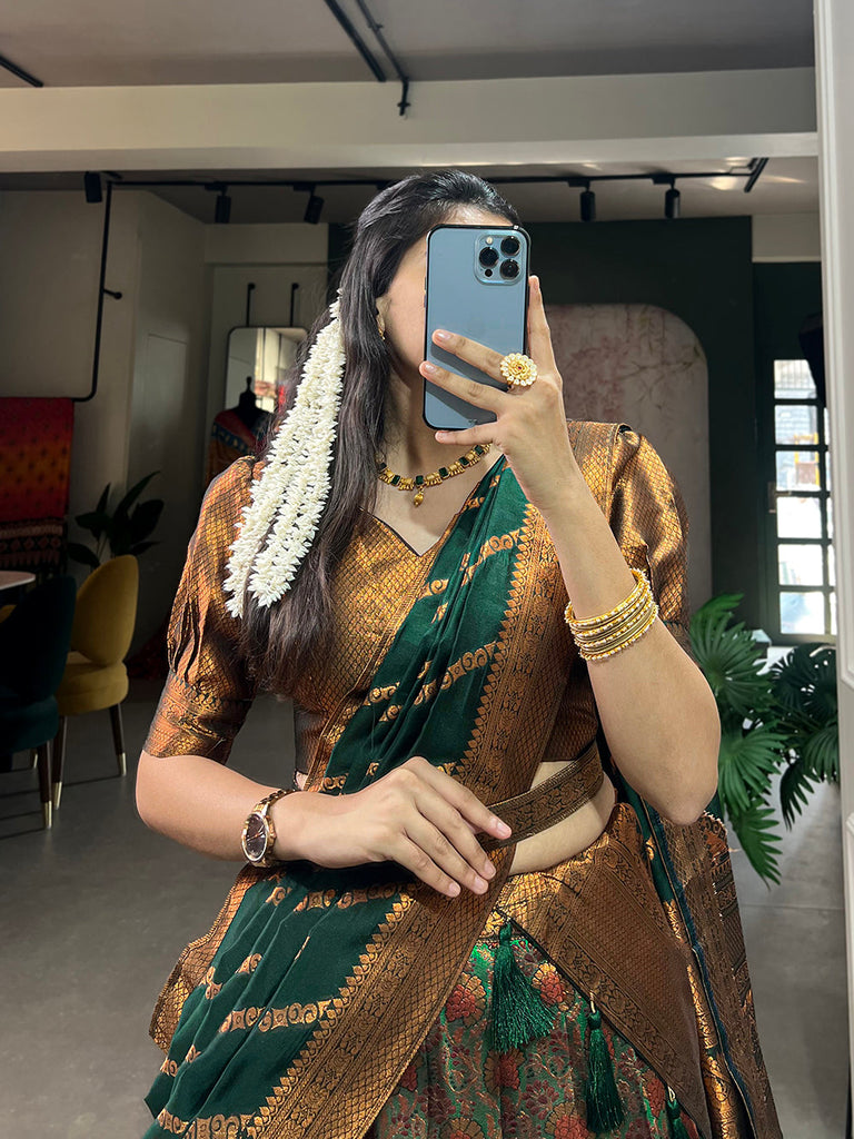 Green Color Zari Weaving Work Weaving Silk(Jacquard) Lehenga Choli Clothsvilla