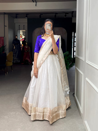 White Color Zari Weaving Work Organza Lehenga Choli ClothsVilla.com