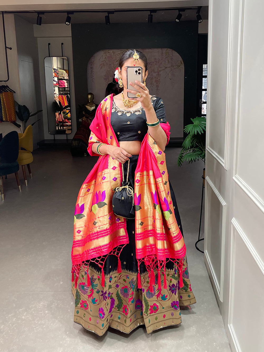 Black Color Weaving Zari Work jacquard Paithani Silk Lehenga Choli ClothsVilla.com