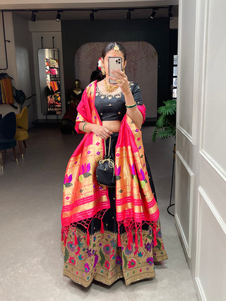 Black Color Weaving Zari Work jacquard Paithani Silk Lehenga Choli ClothsVilla.com