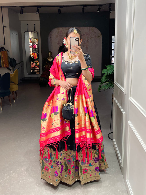 Black Color Weaving Zari Work jacquard Paithani Silk Lehenga Choli ClothsVilla.com