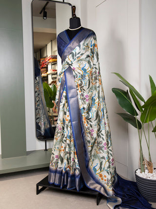 White Color Printed With Zari Border Dola Silk Saree Clothsvilla