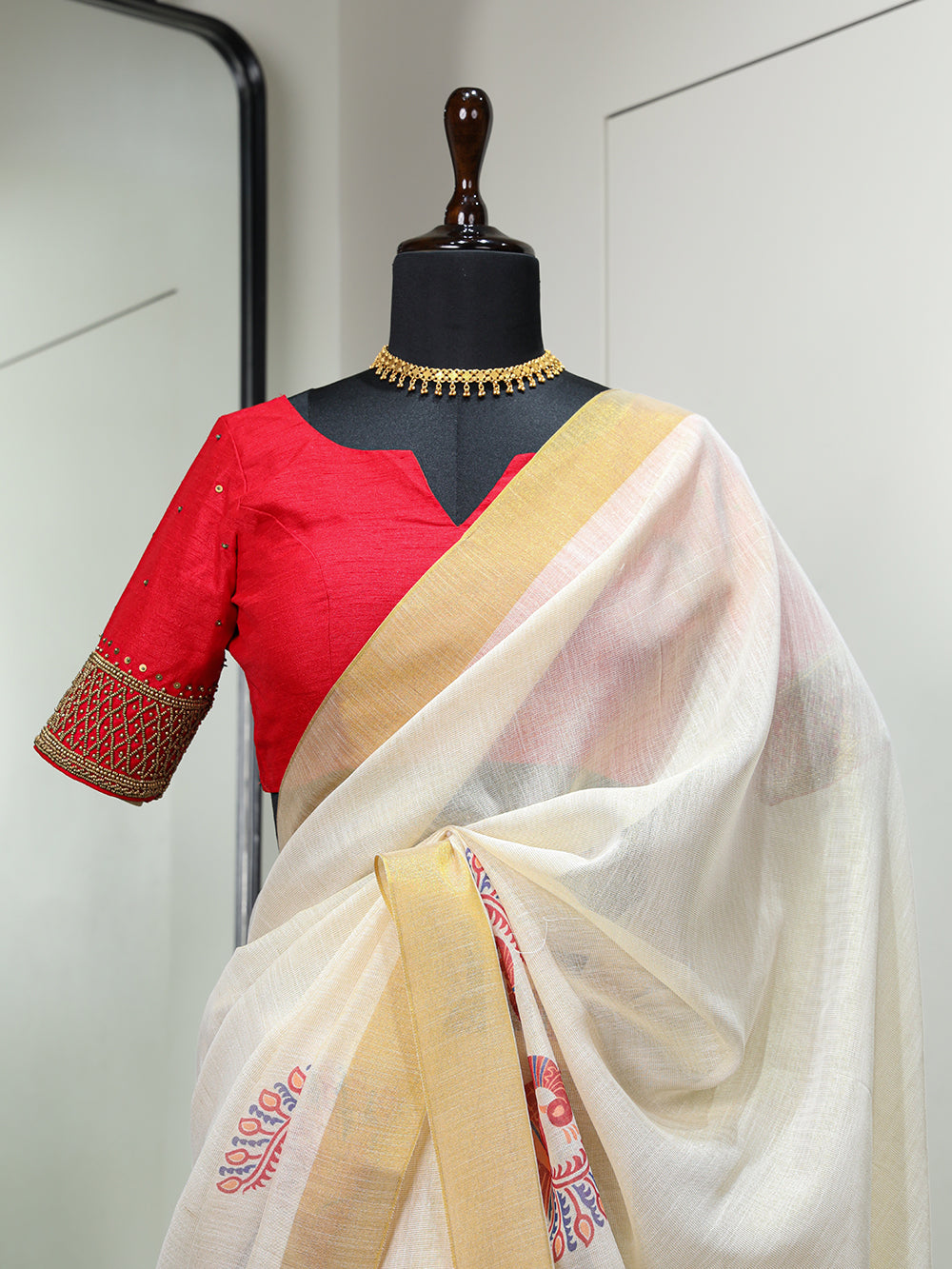 Peacock Design Printed Kasavu Zari Border Saree Clothsvilla
