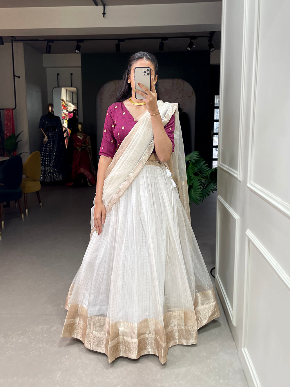 White Color Zari Weaving Work Organza Lehenga Choli ClothsVilla.com