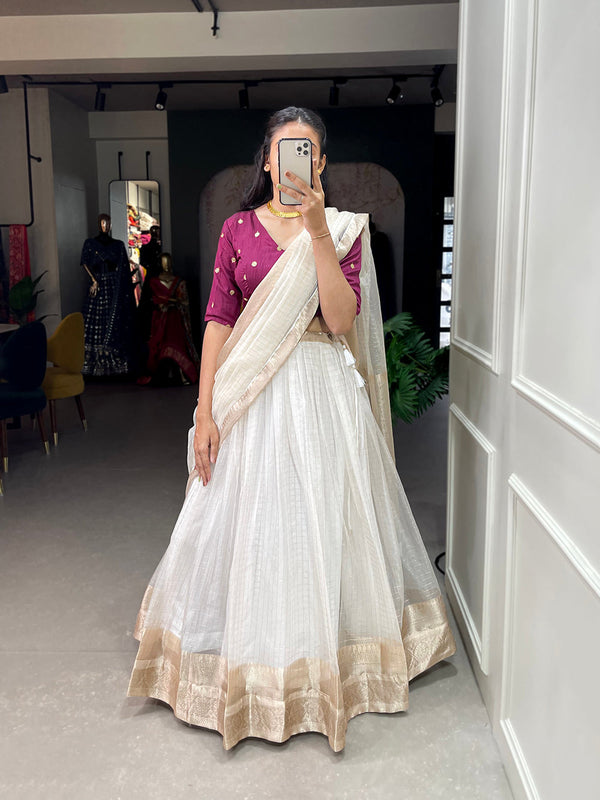 White Color Zari Weaving Work Organza Lehenga Choli ClothsVilla.com