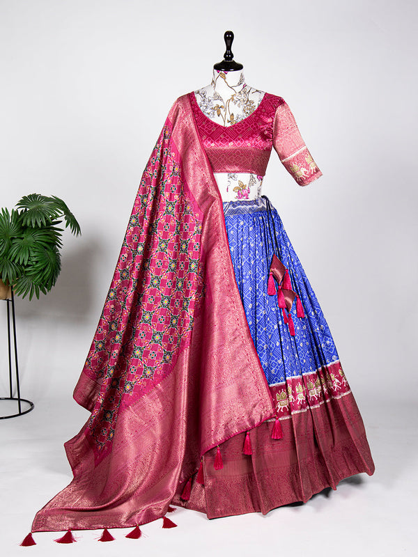 Blue Color Weaving Work With Digital Print Jacquard Silk Pattu Lehenga Choli ClothsVilla.com