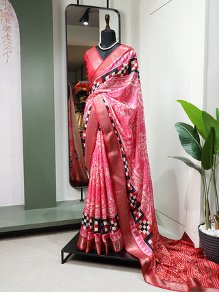 Light Pink Color Printed With Zari Border Dola Silk Fancy Saree Clothsvilla