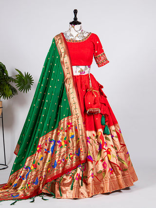 Red Color Weaving Zari Work Jacquard Pethani Lehenga Set Clothsvilla