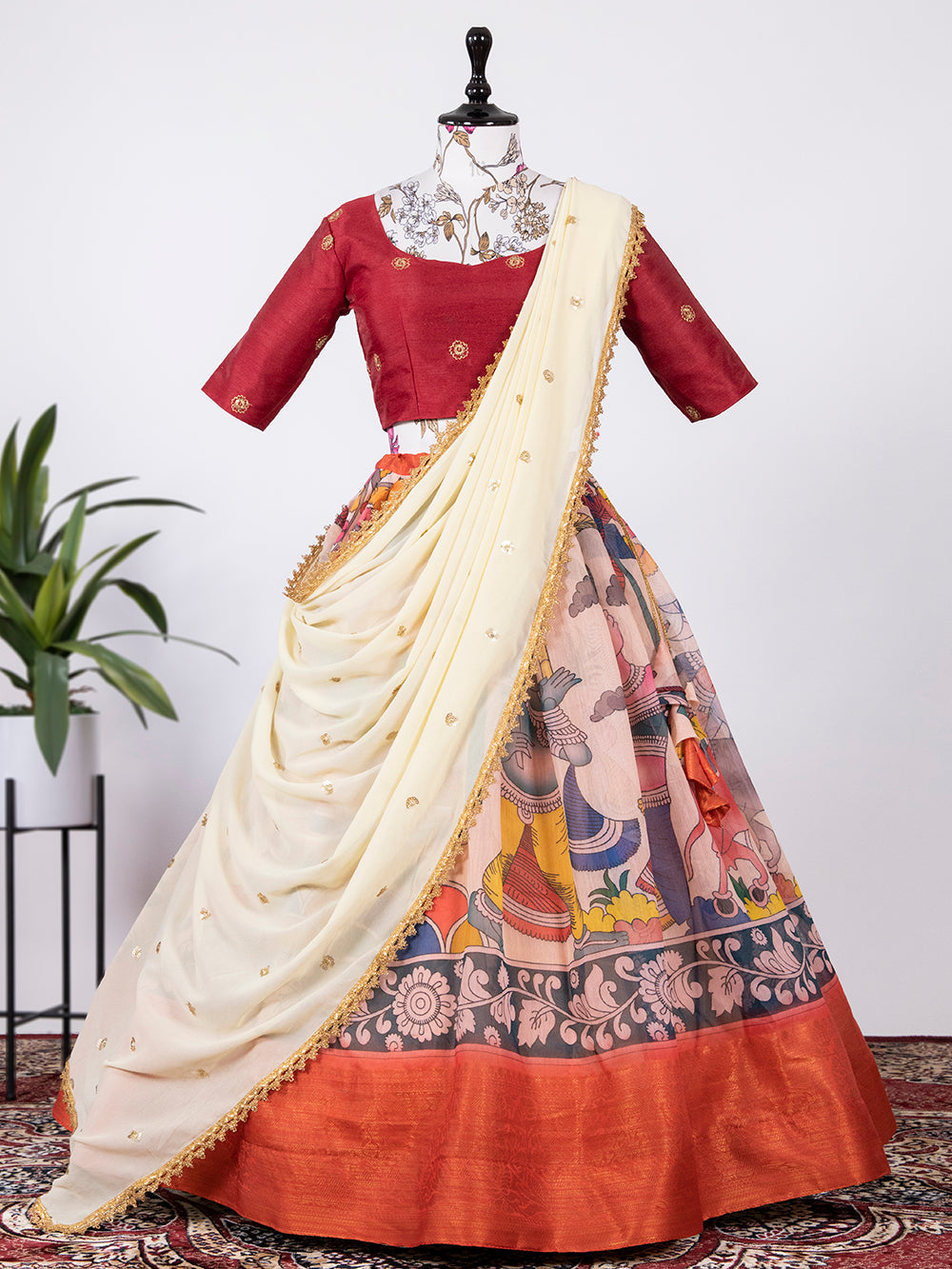 Red Color Digital Printed Soft Cotton Half Saree Set Lehenga Clothsvilla