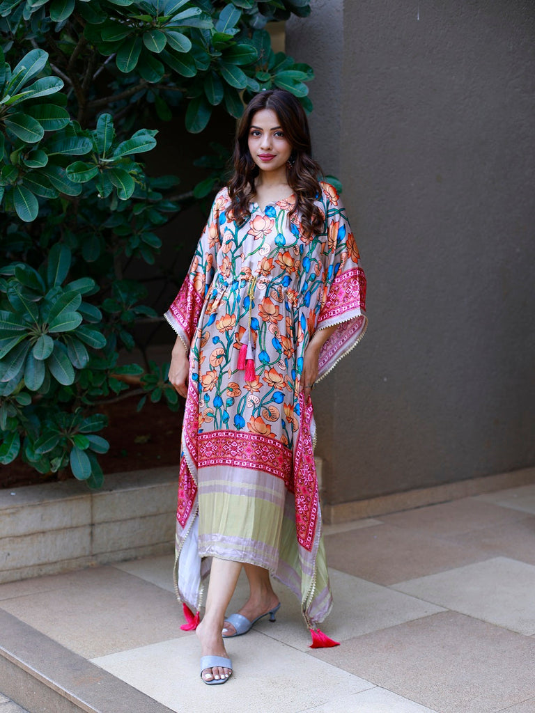 Pink Color Digital Printed Pure Gaji Silk Kaftan Clothsvilla