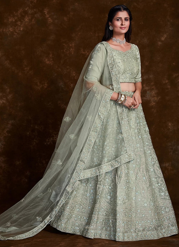 Stunning Sea Green Thread Work Organza Designer Lehenga Choli Clothsvilla