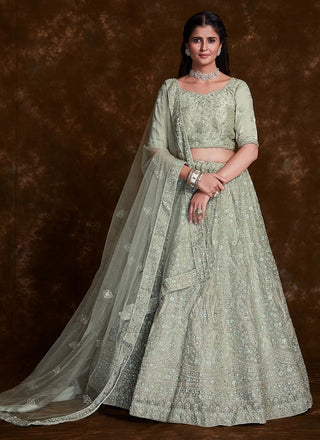 Stunning Sea Green Thread Work Organza Designer Lehenga Choli Clothsvilla