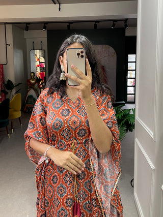 Brown Color Ajrakh Digital Printed Gaji Silk Kaftan ClothsVilla
