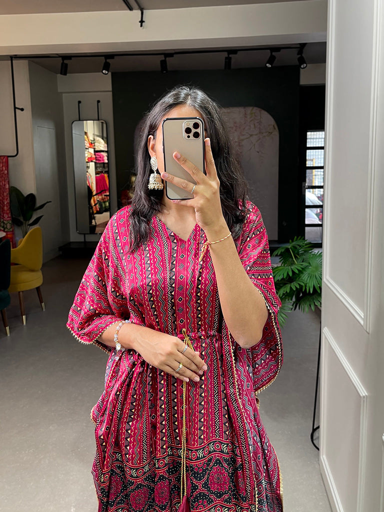 Maroon Color Digital Printed Gaji Silk Kaftan ClothsVilla.com