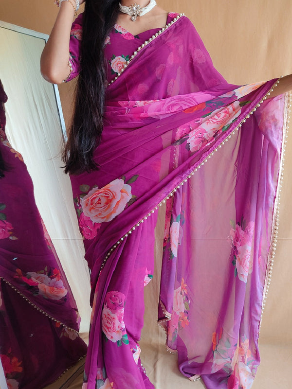 Purple Color Printed With Peral Lace Border Georgette Fancy Saree Clothsvilla