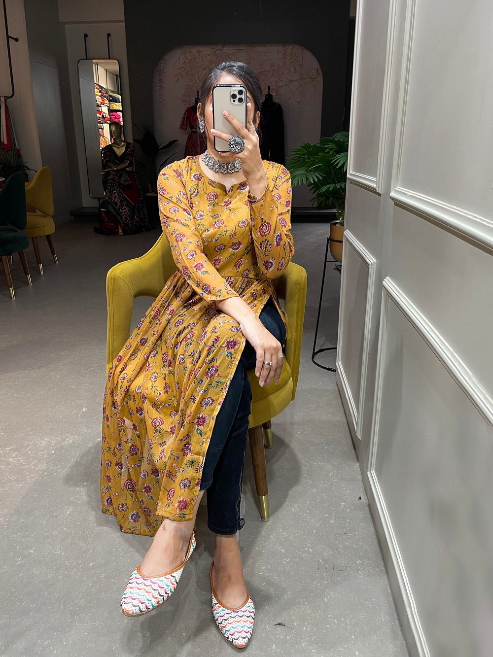 Peanut Color Floral Printed Chiffon Naira Cut Kurti Clothsvilla