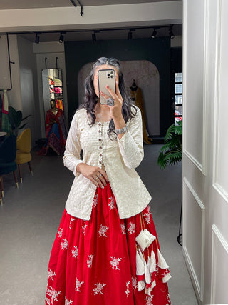 Red Color Sequins And Lucknowi Work Cotton Co-Ord Set Lehenga Choli ClothsVilla.com