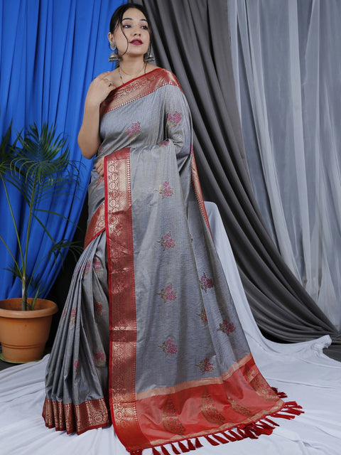 Tamanna Cotton Copper Meenakari Woven Saree Grey Clothsvilla Main image