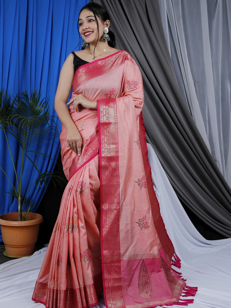 Tamanna Cotton Copper Meenakari Woven Saree Pink Clothsvilla