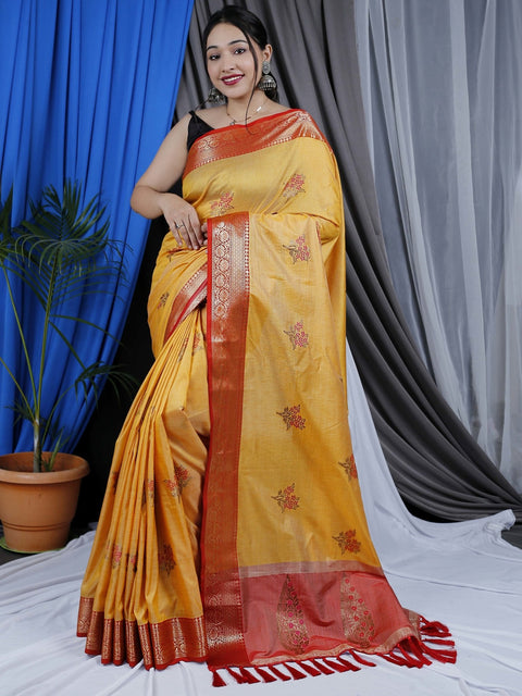 Tamanna Cotton Copper Meenakari Woven Saree Yellowish Orange Clothsvilla Main image