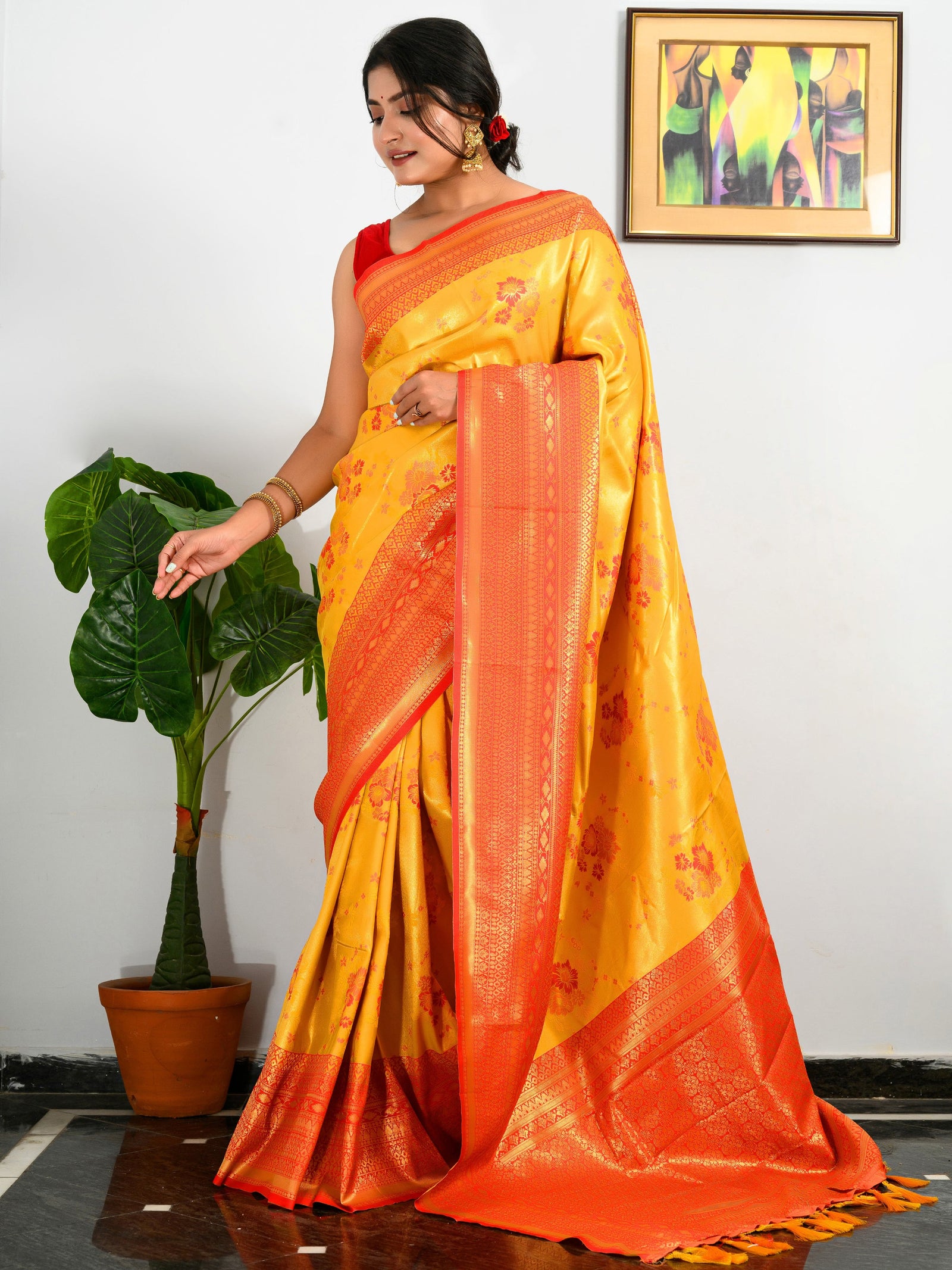 Pure Kanjeevaram Meenakari Woven Saree Bee Yellow Clothsvilla