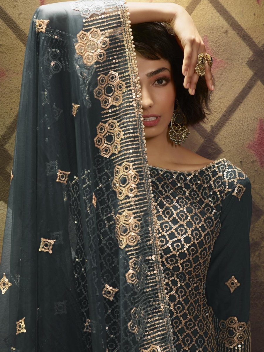 Teal Blue Net Embroidered Partywear Sharara Suit Clothsvilla