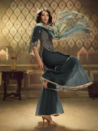 Teal Blue Net Embroidered Partywear Sharara Suit Clothsvilla