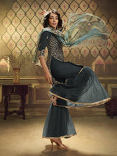 Load image into Gallery viewer, Teal Blue Net Embroidered Partywear Sharara Suit Clothsvilla