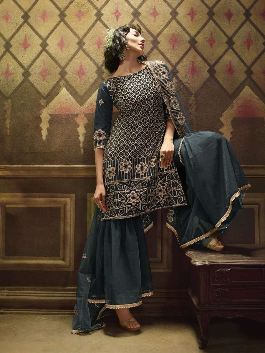 Teal Blue Net Embroidered Partywear Sharara Suit Clothsvilla Main image