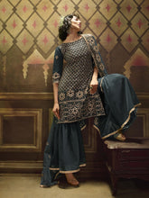 Load image into Gallery viewer, Teal Blue Net Embroidered Partywear Sharara Suit Clothsvilla